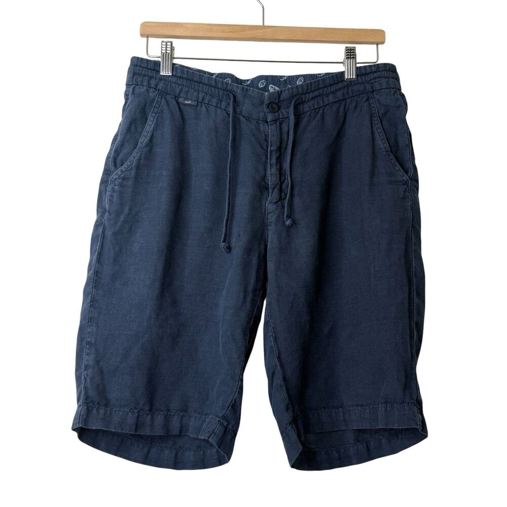 04651 A Trip In A Bag Navy 100% Linen Drawstring Shorts Mens Sz M Luxury Coastal